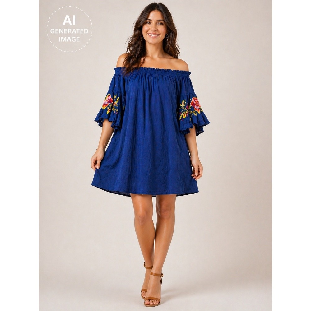 Feathers Blue Off Shoulder Embroidered Boho Peasant Dress 1X